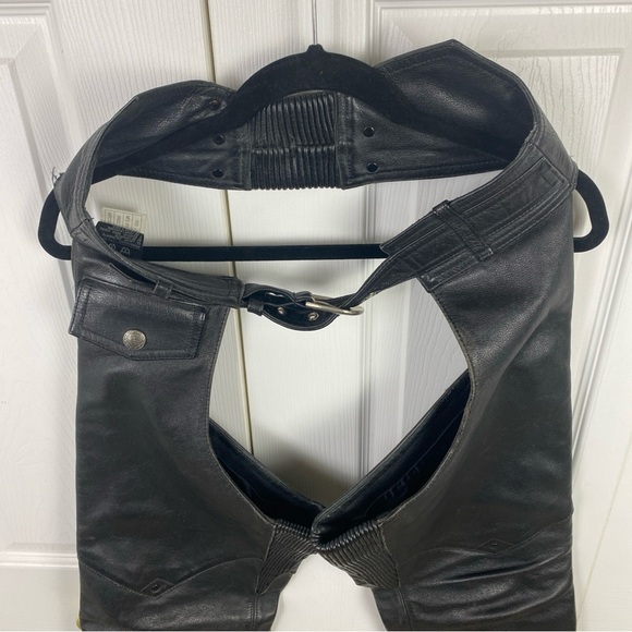 Harley Davidson Chaps Women XS Black Leather Riding Genuine Flared Leg Snap Away - Picture 2 of 9